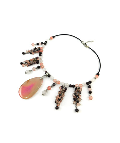 Exclusive necklace "Early mist" Rose quartz facet, Chalcedony, Garnet