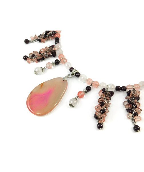 Exclusive necklace "Early mist" Rose quartz facet, Chalcedony, Garnet