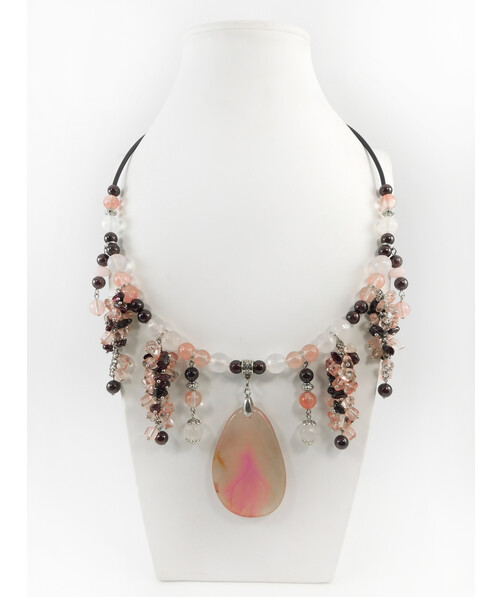 Exclusive necklace "Early mist" Rose quartz facet, Chalcedony, Garnet