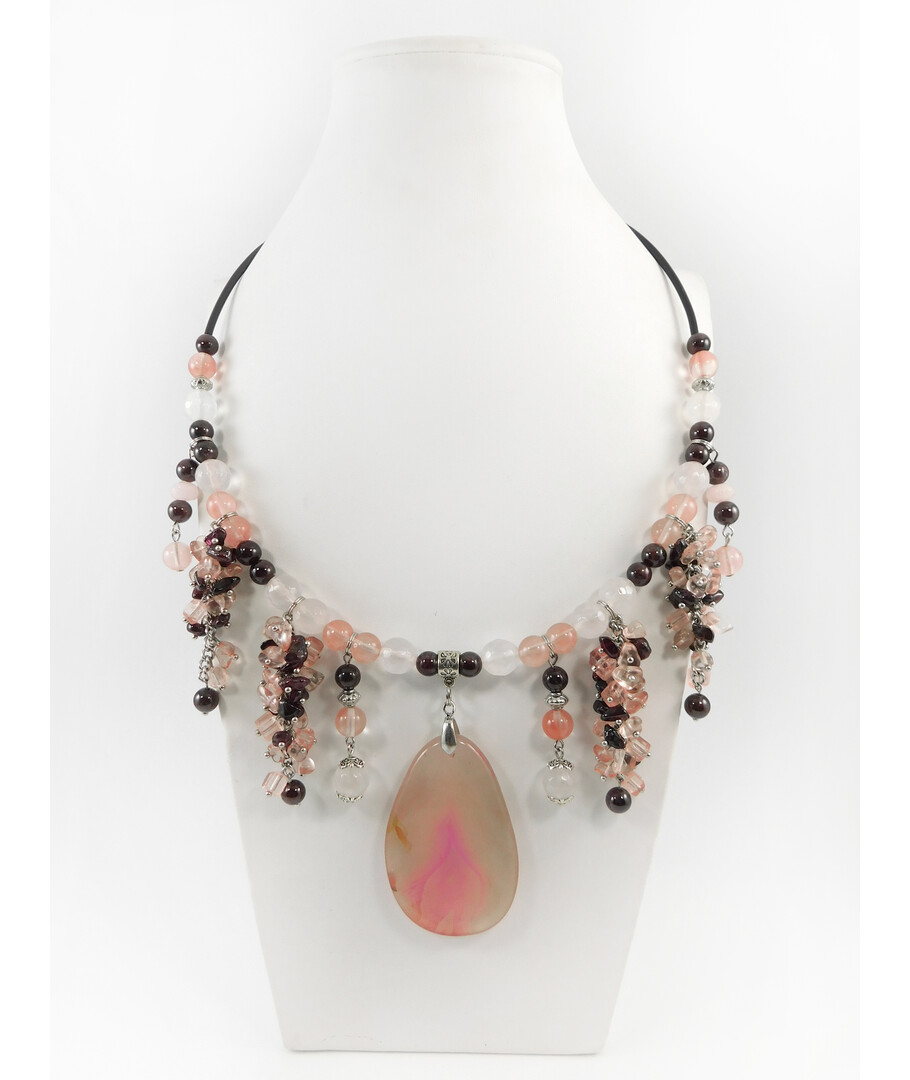 Exclusive necklace "Early mist" Rose quartz facet, Chalcedony, Garnet