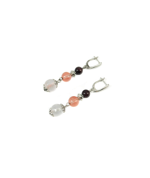 Exclusive earrings "Early fog" Rose quartz facet, Chalcedony, Garnet