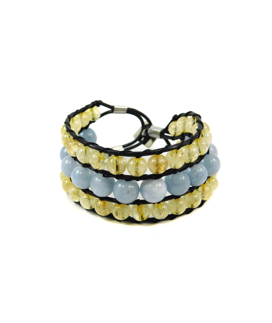 Exclusive bracelet "Ukrainian" Aquamarine, Citrine, double leather