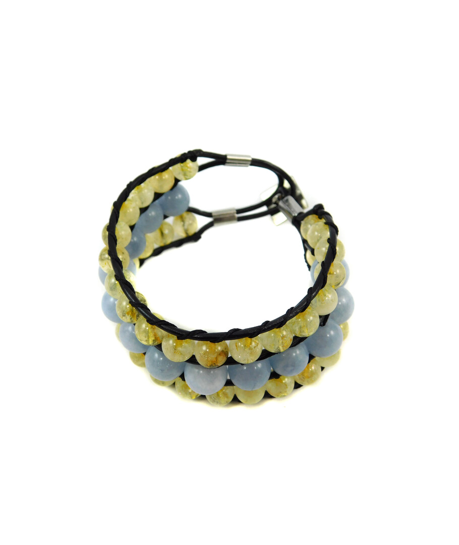 Exclusive bracelet "Ukrainian" Aquamarine, Citrine, double leather