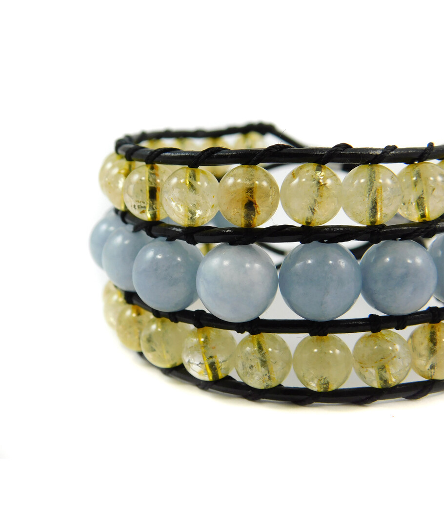 Exclusive bracelet "Ukrainian" Aquamarine, Citrine, double leather