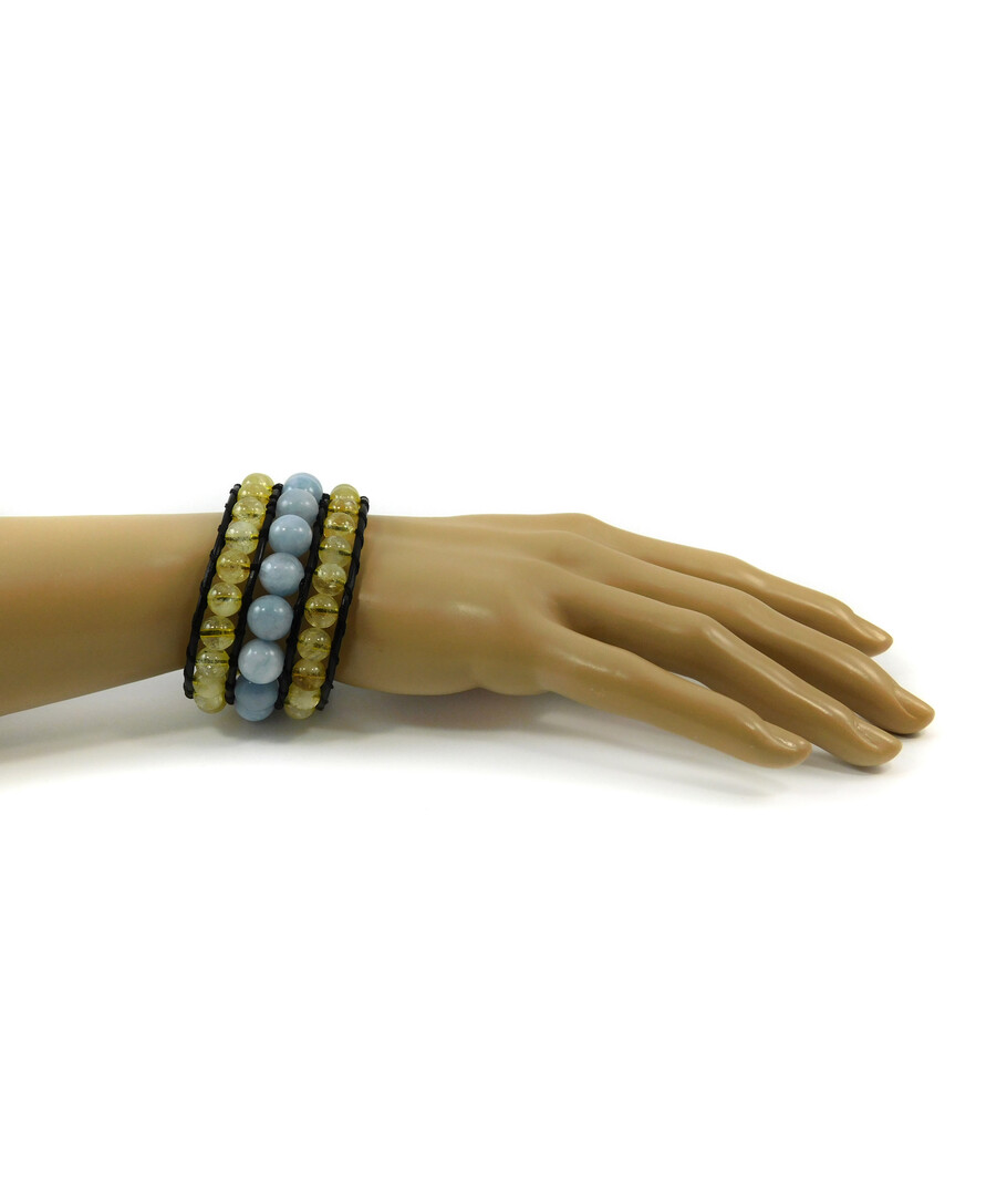 Exclusive bracelet "Ukrainian" Aquamarine, Citrine, double leather