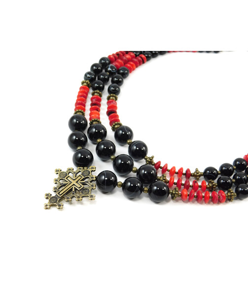 Exclusive necklace "Agate Air" Agate, Coral rondel 3-row