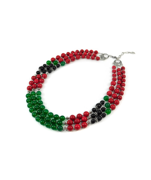 Exclusive necklace "Three-row" Chrysoprase, Agate, Coral