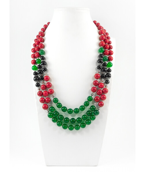 Exclusive necklace "Three-row" Chrysoprase, Agate, Coral