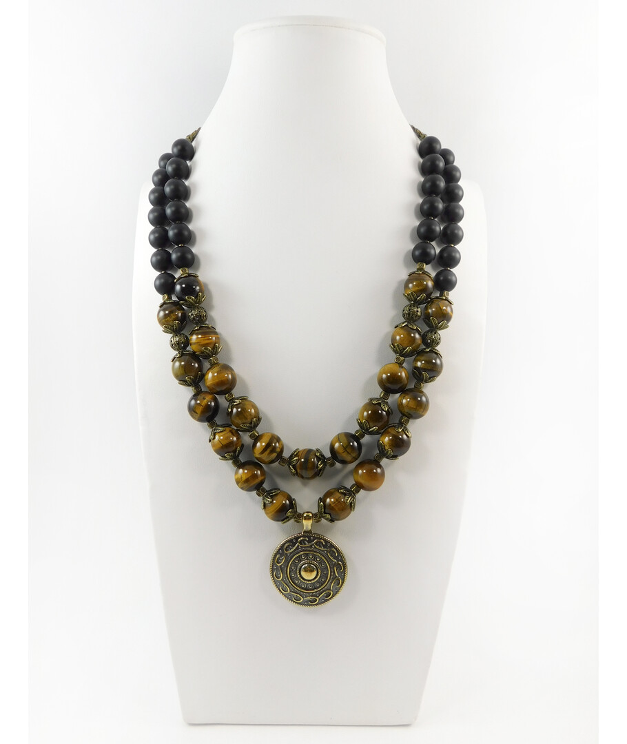 Exclusive necklace "Lada" Shungite, Tiger's eye, 2 rows