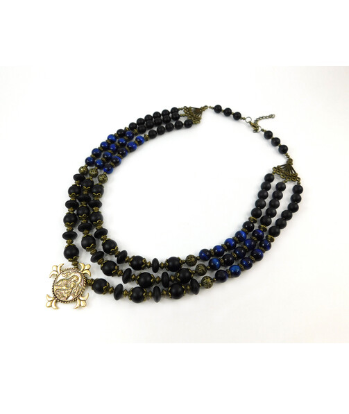 Exclusive necklace "Blue iridescence" Shungite, rontel, Tiger's eye blue, 3 rows