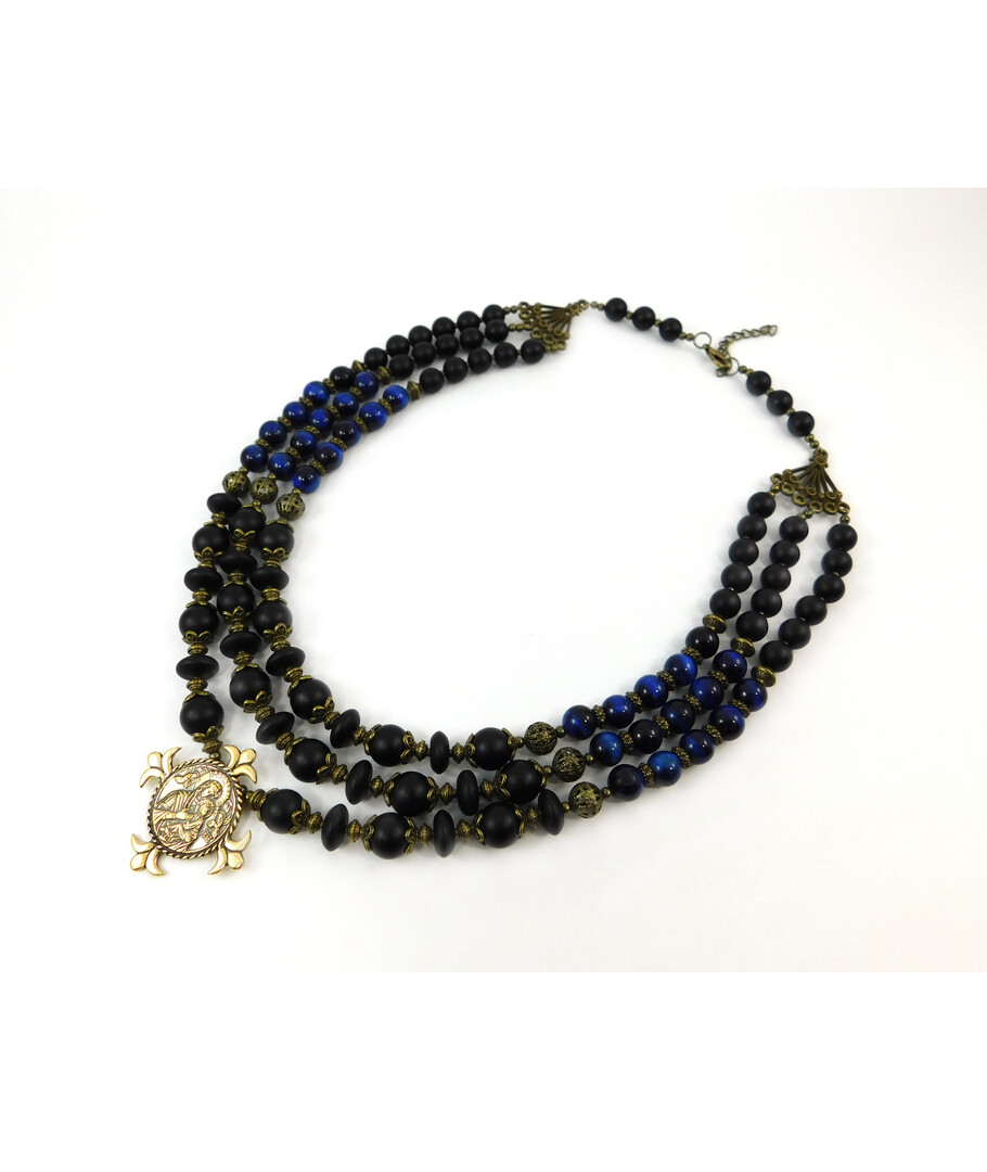 Exclusive necklace "Blue iridescence" Shungite, rontel, Tiger's eye blue, 3 rows