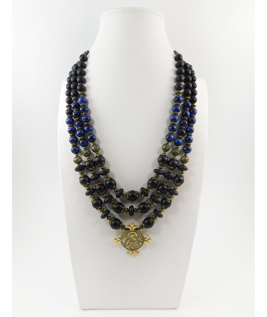 Exclusive necklace "Blue iridescence" Shungite, rontel, Tiger's eye blue, 3 rows