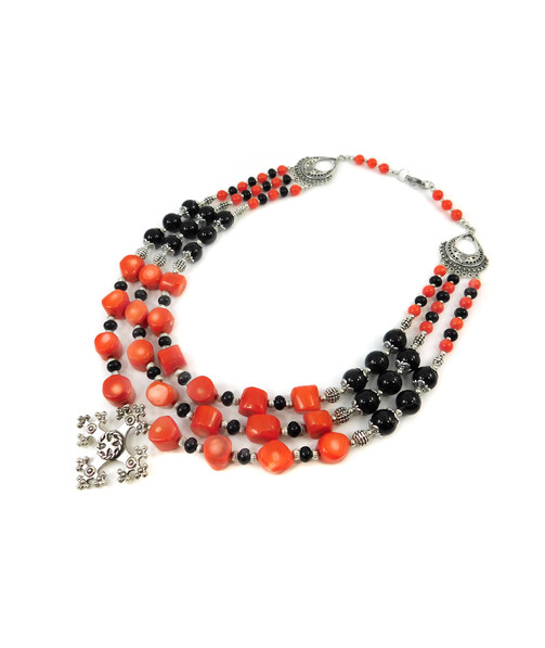 Exclusive necklace "Krasnoslava" Coral galtovka, Agate rondel, 3 rows