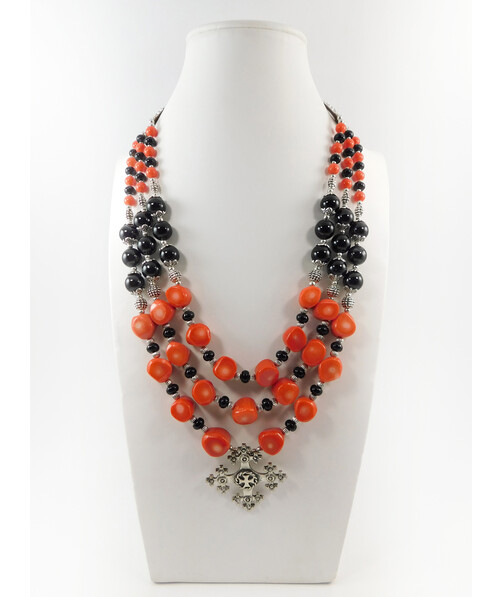 Exclusive necklace "Krasnoslava" Coral galtovka, Agate rondel, 3 rows