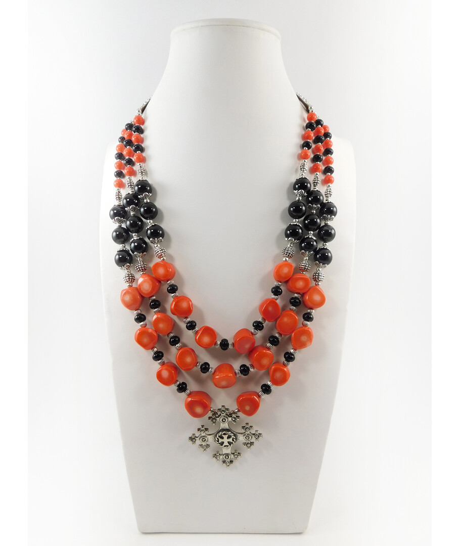 Exclusive necklace "Krasnoslava" Coral galtovka, Agate rondel, 3 rows