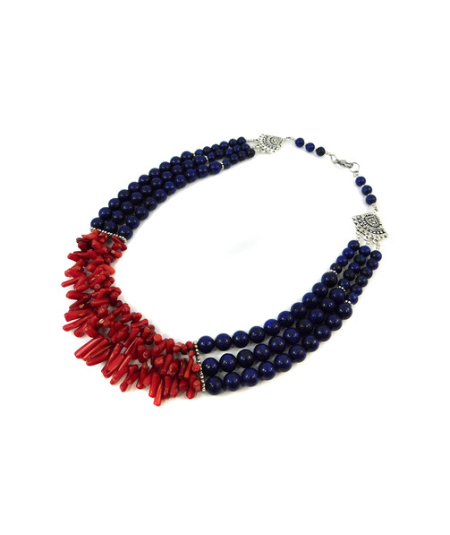 Exclusive necklace "Zoreslava" lapis lazuli, coral columns, 3 rows