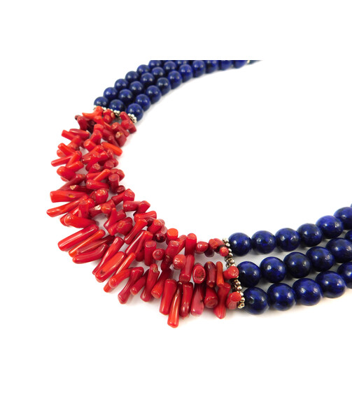 Exclusive necklace "Zoreslava" lapis lazuli, coral columns, 3 rows