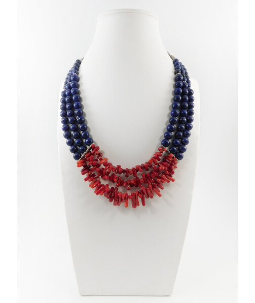 Exclusive necklace "Zoreslava" lapis lazuli, coral columns, 3 rows