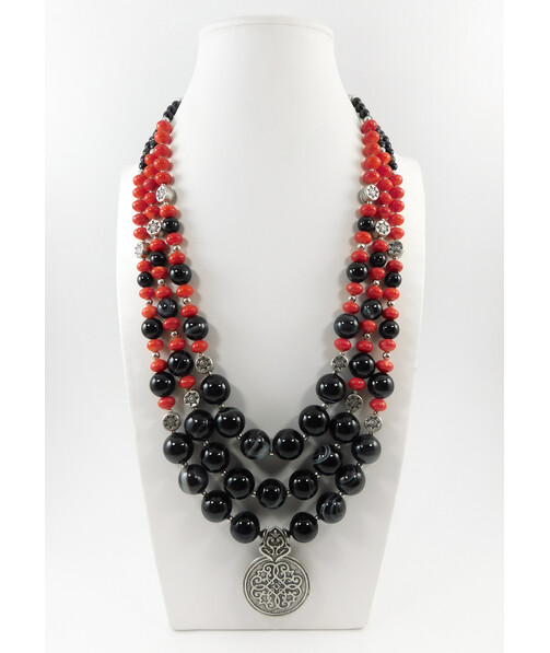 Exclusive necklace "Aracea" Coral rondel, Agate, 3 rows