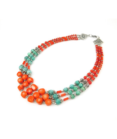 Exclusive necklace "Taisa" Coral, Amazonite, 3 rows