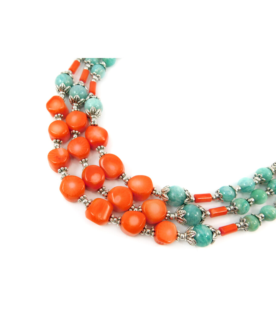 Exclusive necklace "Taisa" Coral, Amazonite, 3 rows