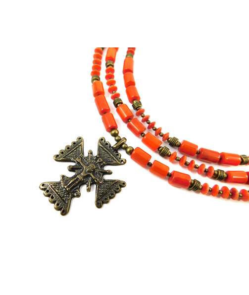 Exclusive necklace "Palagina" Coral brick, 3 rows