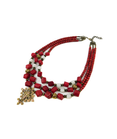 Exclusive necklace "Manuella" Coral, Adular, 3 rows