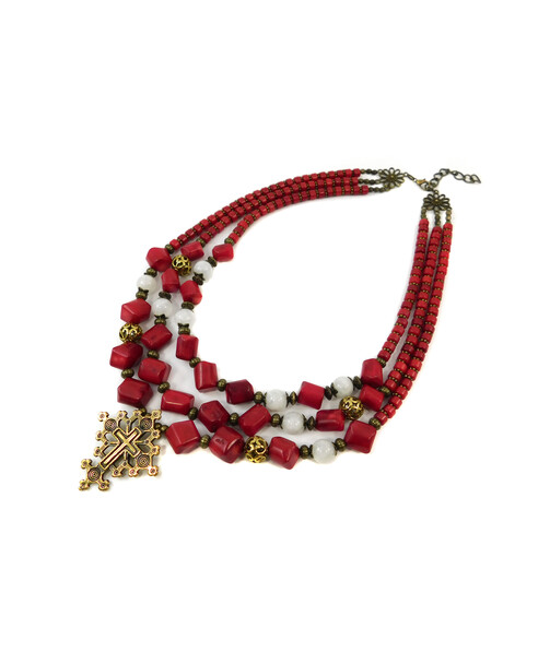 Exclusive necklace "Manuella" Coral, Adular, 3 rows