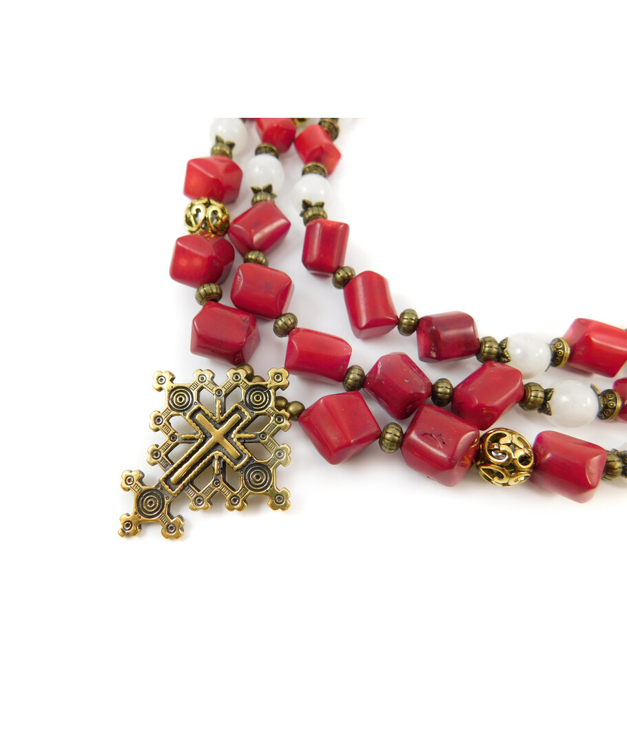 Exclusive necklace "Manuella" Coral, Adular, 3 rows