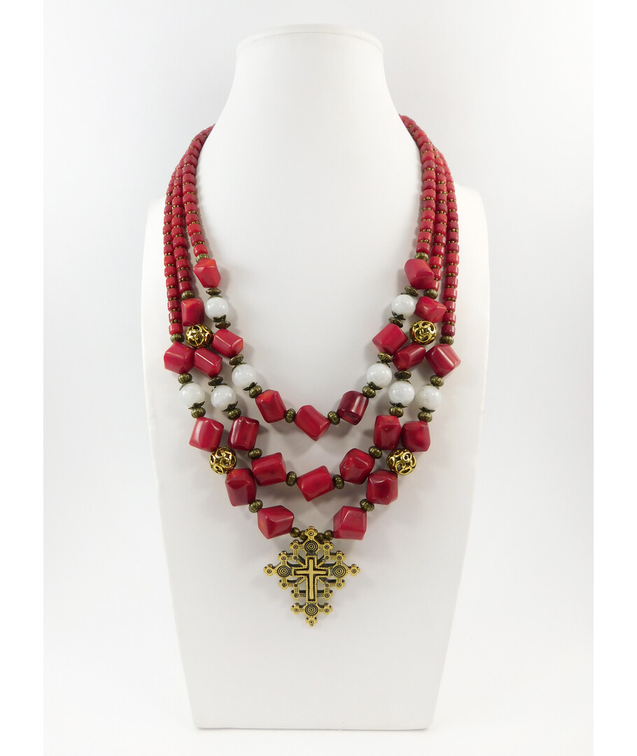 Exclusive necklace "Manuella" Coral, Adular, 3 rows