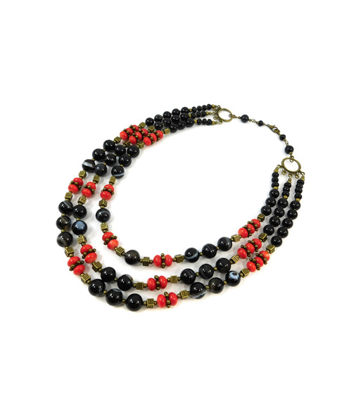 Exclusive necklace "Ezaria" Agate, Coral rondel, 3 rows