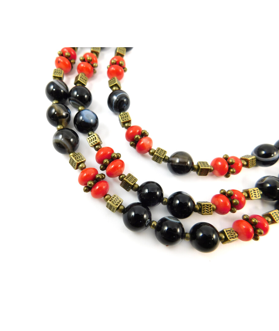 Exclusive necklace "Ezaria" Agate, Coral rondel, 3 rows