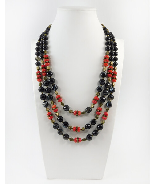 Exclusive necklace "Ezaria" Agate, Coral rondel, 3 rows