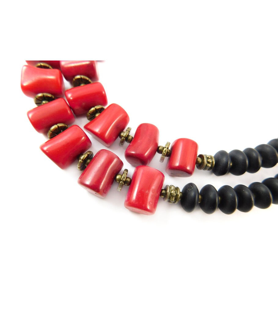 Exclusive necklace "Aizali" Shungite, coral column, 2 rows