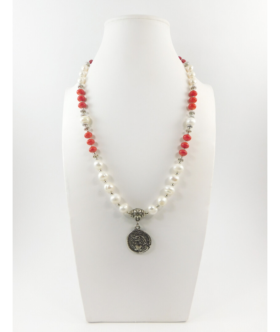 Exclusive necklace "Belis" Pearls, Coral rondel, fig