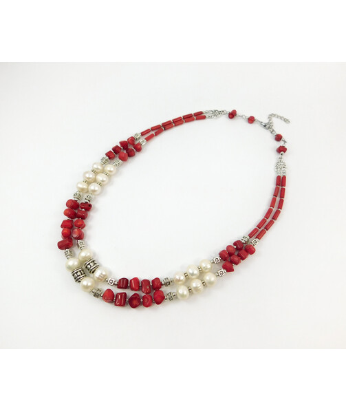 Exclusive necklace "Iris" Pearls, Coral tube, bead, 2 rows