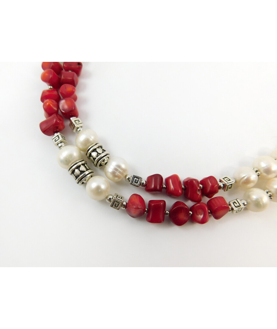 Exclusive necklace "Iris" Pearls, Coral tube, bead, 2 rows