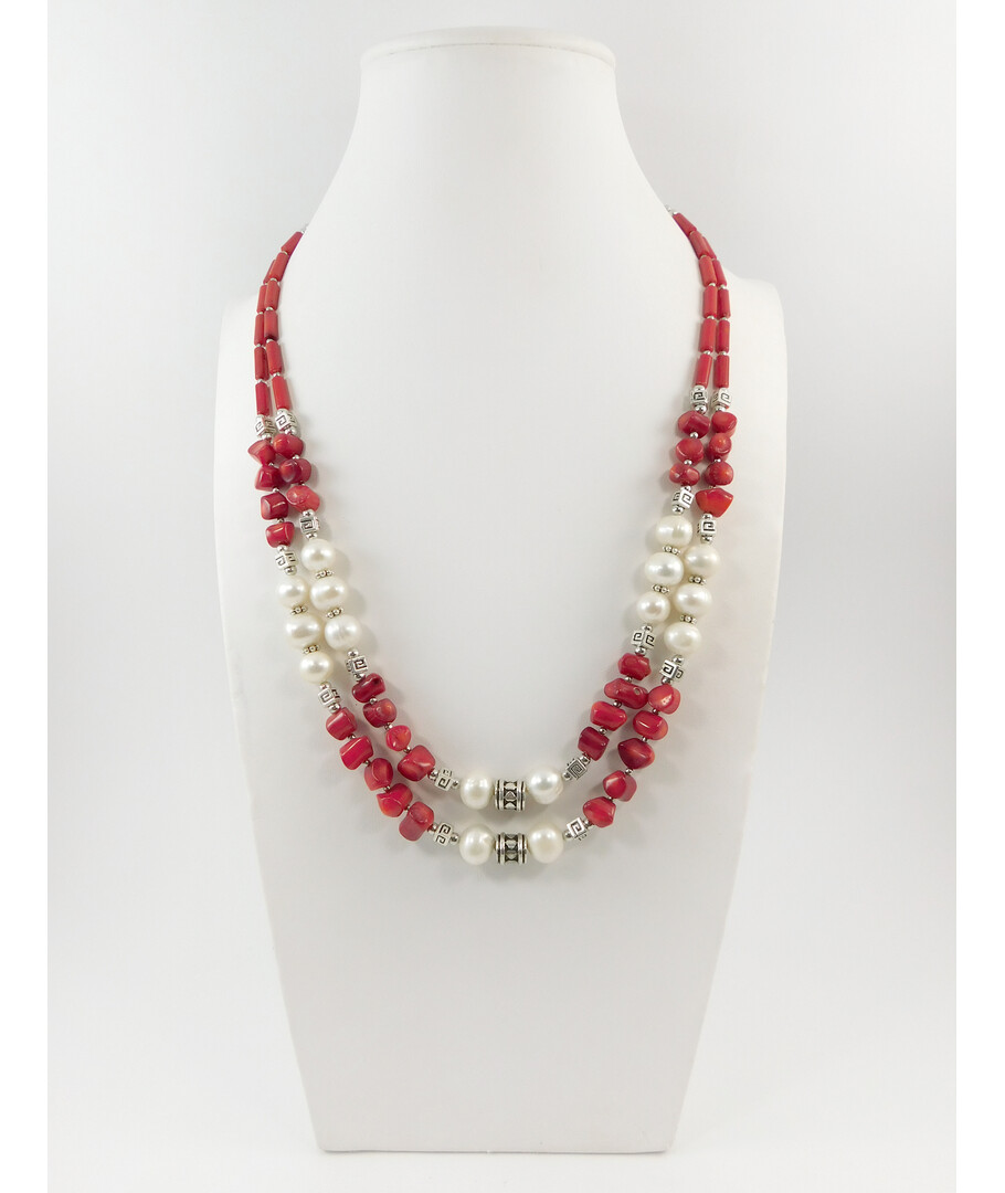 Exclusive necklace "Iris" Pearls, Coral tube, bead, 2 rows