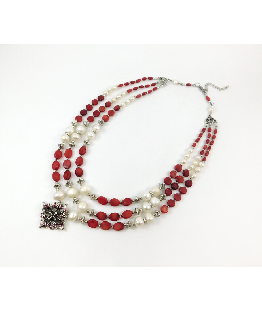 Exclusive necklace "Iris" Pearls, coral tablet, rice, 3 rows