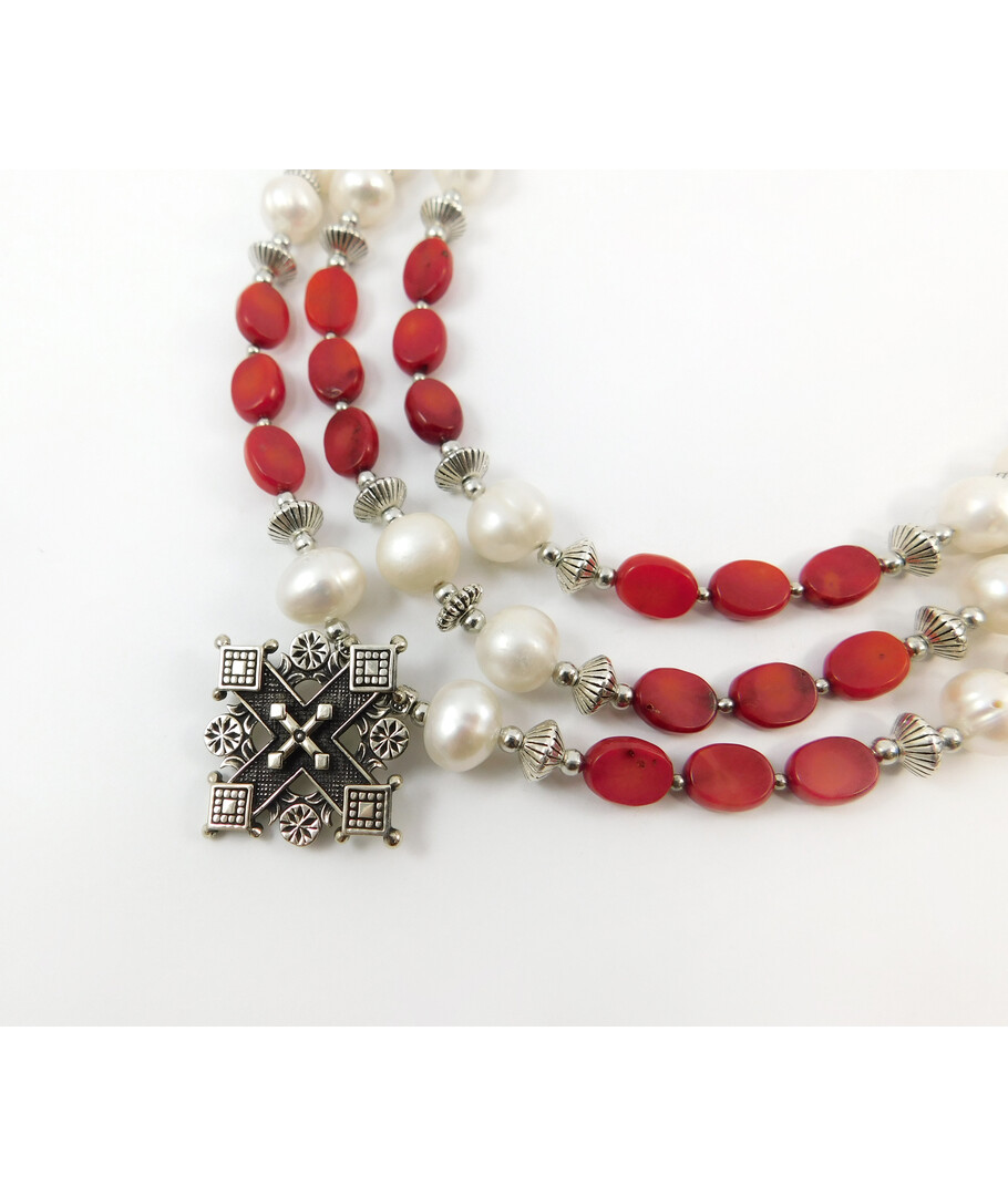 Exclusive necklace "Iris" Pearls, coral tablet, rice, 3 rows