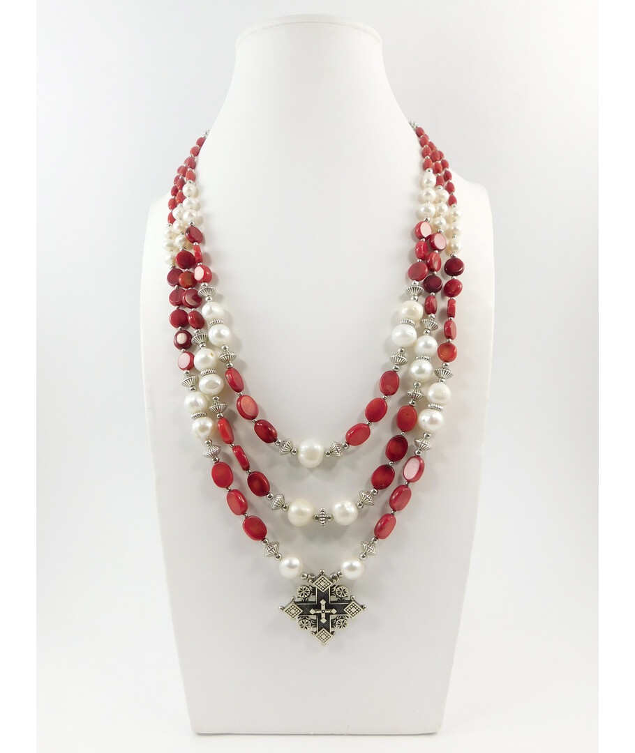 Exclusive necklace "Iris" Pearls, coral tablet, rice, 3 rows