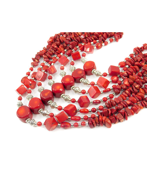 Exclusive necklace "Eudokia" Coral cube, coin, halved, crumb, 7 rows