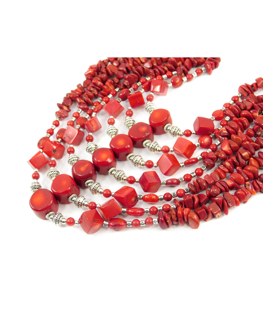 Exclusive necklace "Eudokia" Coral cube, coin, halved, crumb, 7 rows