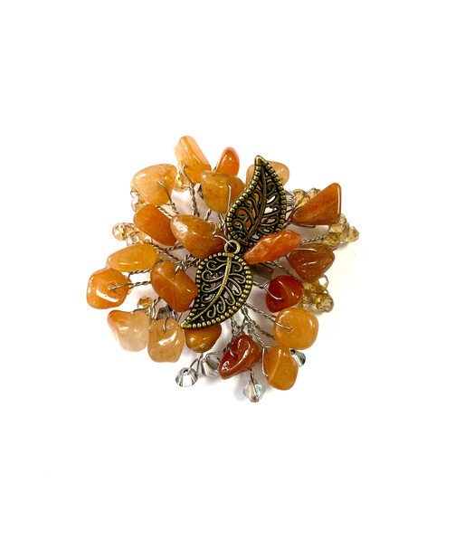 Exclusive brooch "Honey Autumn" Mother of pearl cube 8 mm, Carnelian, Sun stone crumb