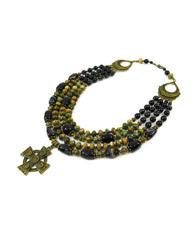 Exclusive necklace "Alfreda" Agate, barrel, Jasper rondel, 4 rows