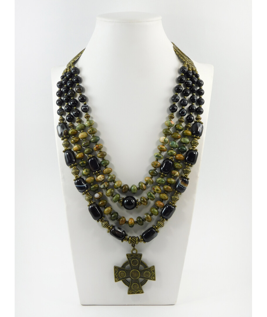 Exclusive necklace "Alfreda" Agate, barrel, Jasper rondel, 4 rows