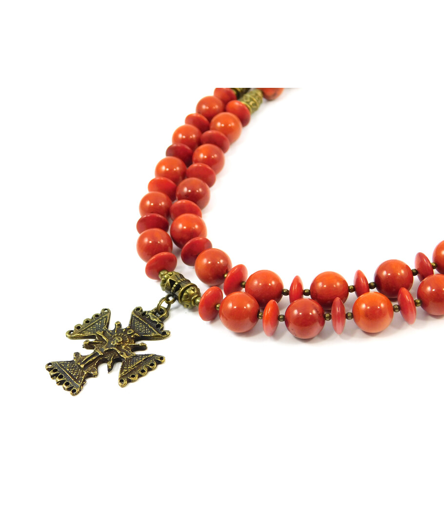 Exclusive necklace "Serifi" Sponge coral, orange, rondel, 2 rows