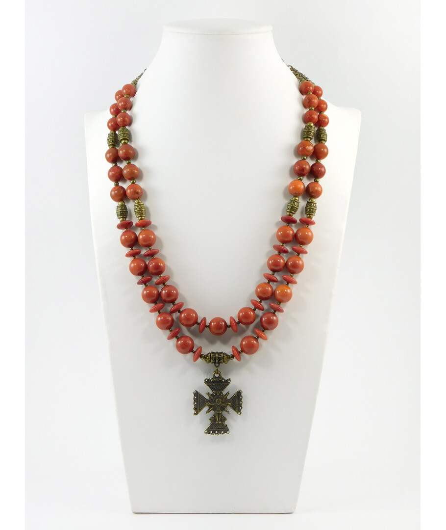 Exclusive necklace "Serifi" Sponge coral, orange, rondel, 2 rows