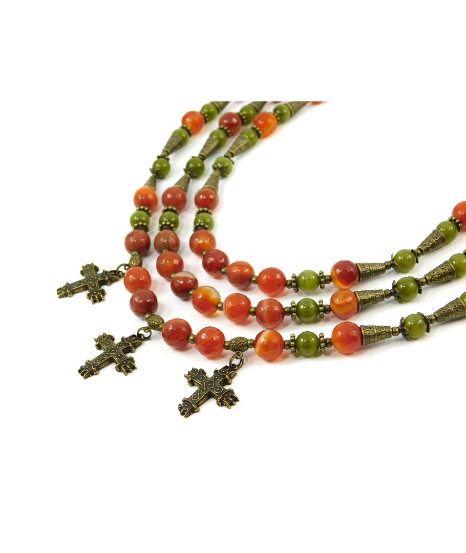 Exclusive necklace "Eustachia" Carnelian facet, Cat's eye, 3 rows