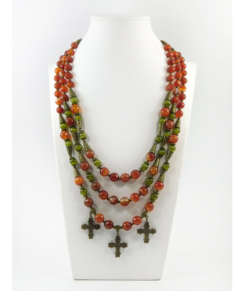 Exclusive necklace "Eustachia" Carnelian facet, Cat's eye, 3 rows